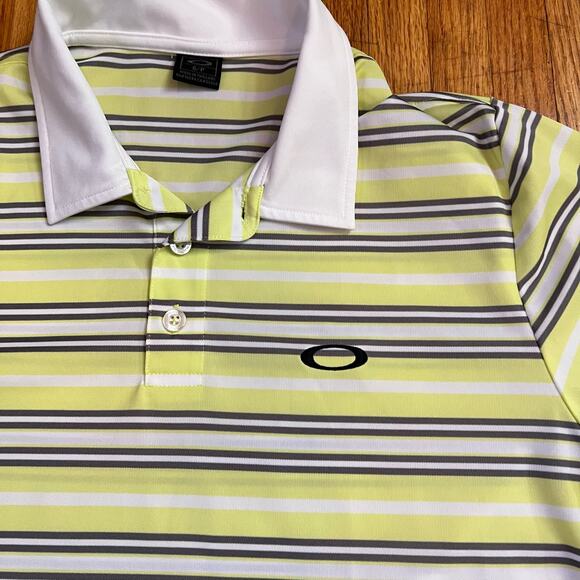 Oakley Polo Shirt Mens Small Performance Golf Striped Yellow White - Picture 2 of 7